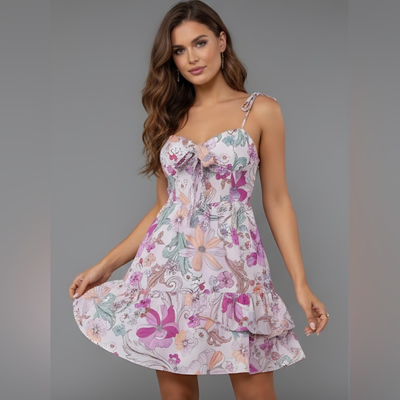 Boho Floral Print Tie Shoulder Ruffle Trim Cami Dress - Picture 3 of 9